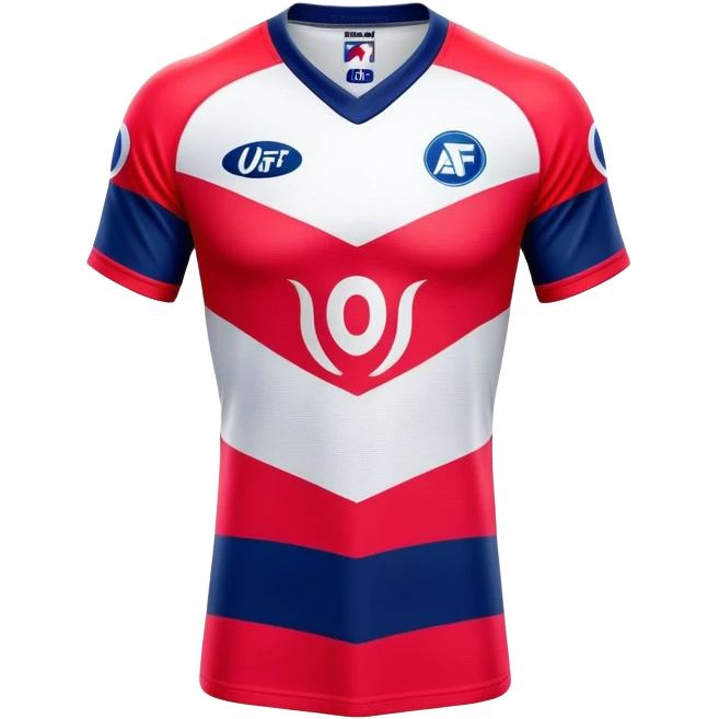 Cinematic Realistic image of an AFL jersey rendered in vibrant team colors with detailed fabric textures and dynamic creases, illuminated by bold, stadium lighting that accentuates its sporty character emoji