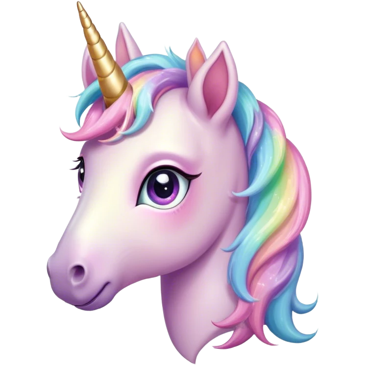 Cinematic Cute Unicorn Pony Portrait Emoji, Head tilted playfully and inquisitively, featuring a charming, diminutive form with a gentle pastel color, a delicate, sparkling horn and large, dreamy eyes full of wonder, Simplified yet irresistibly adorable features, highly detailed, glowing with a warm, magical glow, high shine, affectionate and lively, stylized with a touch of whimsical charm, soft glowing outline, capturing the essence of a mischievous yet endearing unicorn pony that seems as if it could prance out of the screen into your arms! emoji