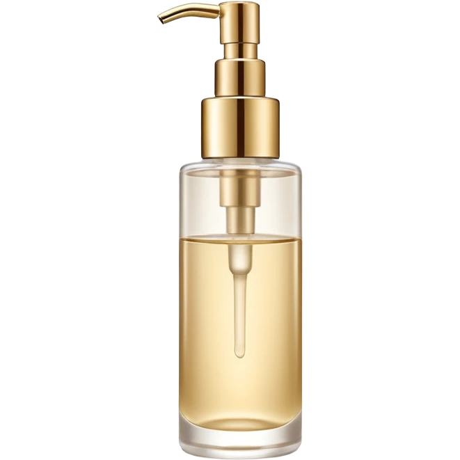 elegant semi-transparent pump bottle filled with pale golden to clear liquid, slightly glossy and lightweight, cylindrical bottle with curved pump top and clean lines, skincare product style, no label, no extras, soft lighting, subtle shadows, emoji scale emoji