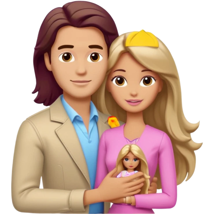 A white handsome man with brown hair in pale beige clothes supports and hugs a Barbie woman with long hair in pale beige clothes emoji
