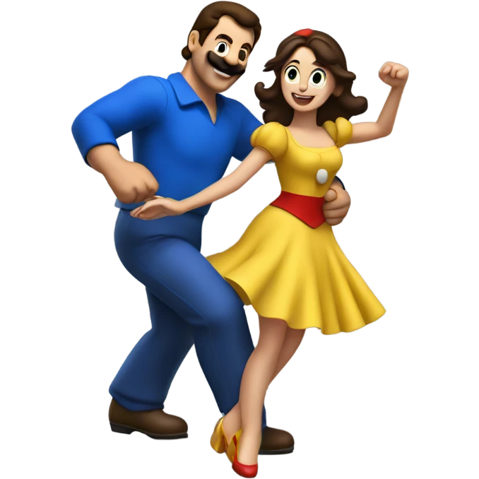 Brunette Woman dancing with a man wearing a giant Mario costume head emoji