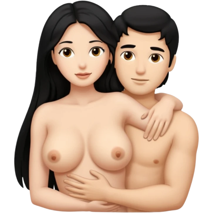 Голая девушка и мужчина лежать в обнимку, у неё большие миски и большая жопа. Он черна волосы. У неё черные длинные волосы. emoji