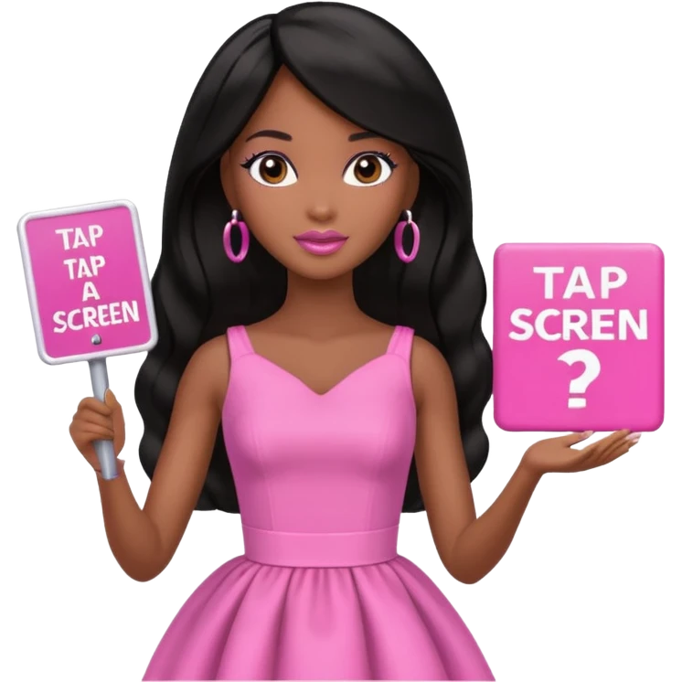 Black barbie, long black  hair, pink dress holding sign, that says "tap screen" emoji