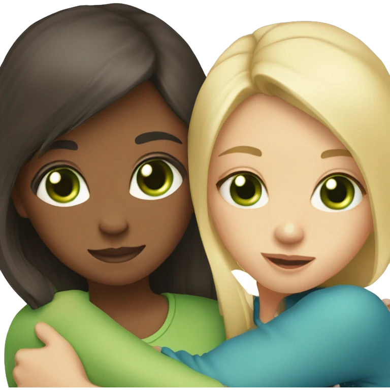 Two girls with dark brown hair and green eyes, and one girl with blonde and blue eyes, they hug  emoji