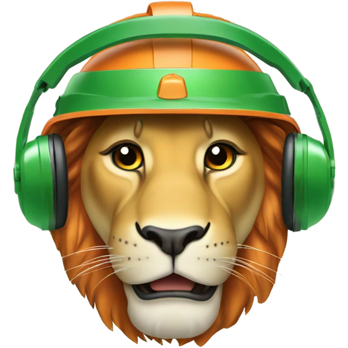 Head of a Lion wearing safety helmet with headset looking front-right in green and orange theme  emoji