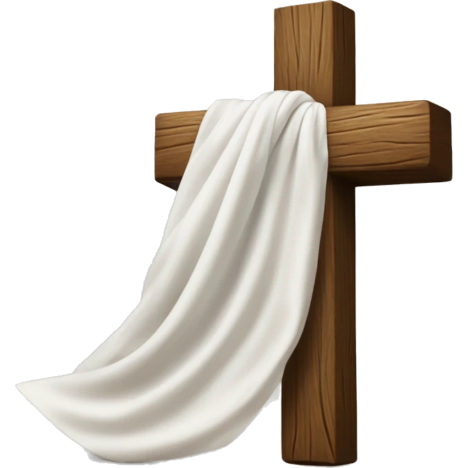 Wood cross with a white silk cloth draped over the cross beam emoji