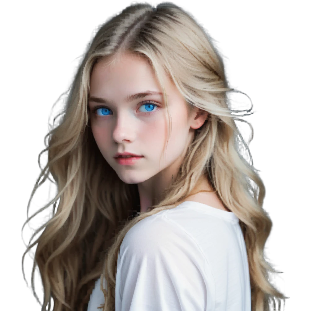 girl with long dirty blond hair, blue eyes, wearing a white top emoji
