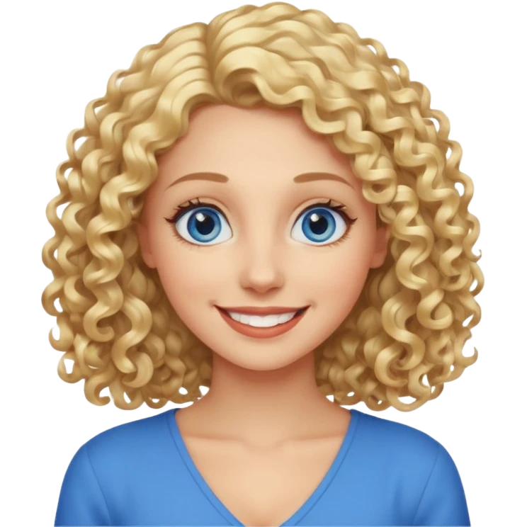 Woman with blonde curly shoulder-length hair, big blue eyes, wide smile emoji