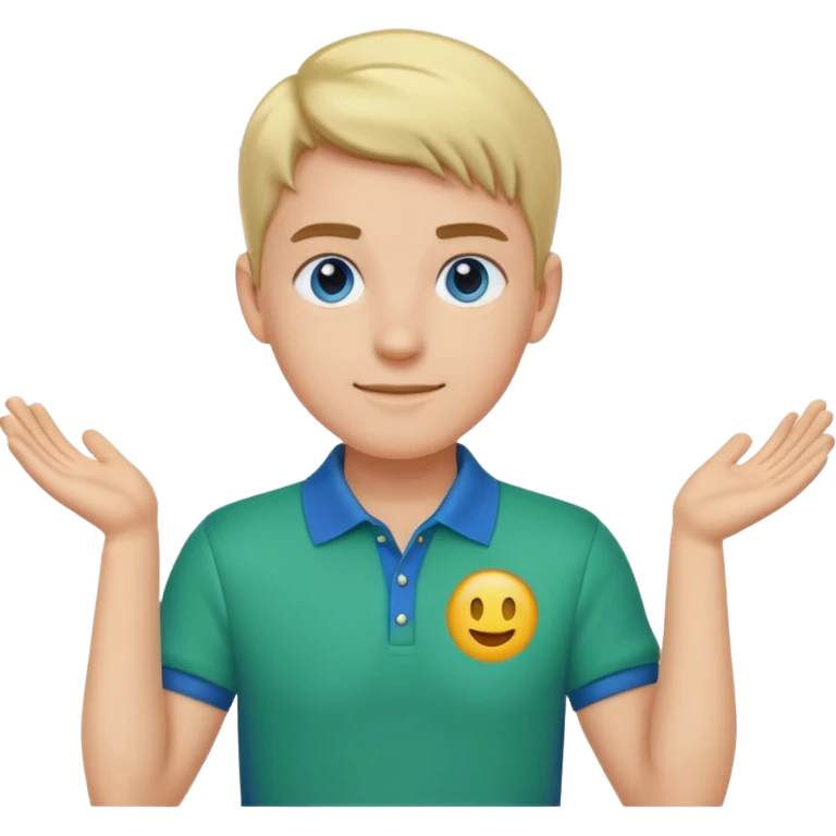 gender neutral character, chest up, blue green polo, emoji style, friendly expression emoji