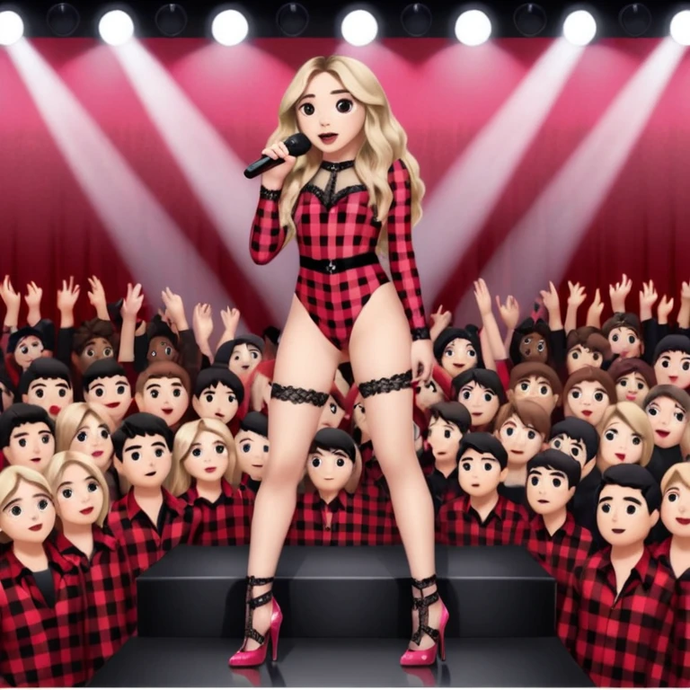 Sabrina carpenter singing at concert wearing a black and red plaid bodysuit a red sheer top covering the bodysuit, a strip of black lace around her leg, black sparkle heels. there is a  huge crowd and light pink stage setting  emoji
