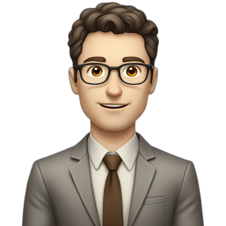 Pale skinned fit man with dark brown hair in gray jacket, beige office shirt, brown tie, brown pants and vintage glasses Writing on the flipchart emoji
