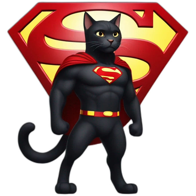humongous black cat wearing a superman costume emoji