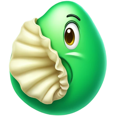 Green blob-shaped cartoon character holding a beige seashell, smiling mischievously on a pastel green background emoji