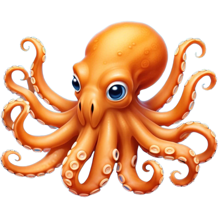 Cinematic Comical smirking Octopus Portrait Emoji, Head tilted dramatically with an exaggeratedly amused expression, featuring a rotund, light orange body festooned with bold blue rings and eight wildly expressive arms with comically animated suckers, Simplified yet hilariously expressive features, highly detailed, glowing with a slightly sassy underwater glow, high shine, dramatic yet playful, stylized with an air of quirky marine mischief, soft glowing outline, capturing the essence of a meme-worthy octopus that looks ready to squirt its way into viral fame! emoji