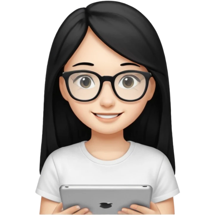 Long black hair girl in a white T-shirt and black square glasses smiling studying with an Ipad. emoji
