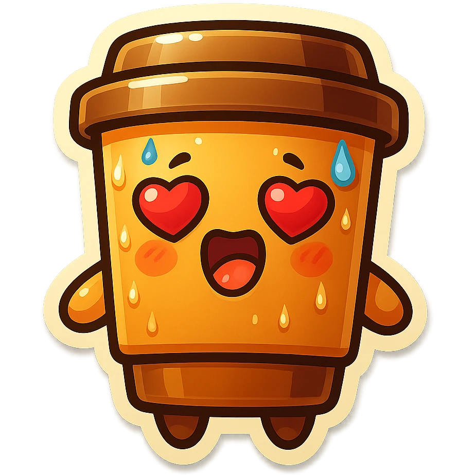Tall coffee cup, sweating, mouth open, heart eyes emoji