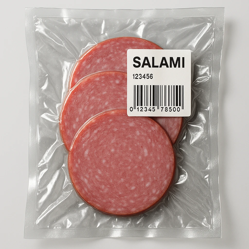 Create an image of pre-sliced salami in clear vacuum-sealed plastic packaging with a visible label. Use studio lighting and a clean background. The product inside should look like the salami in the reference image. emoji