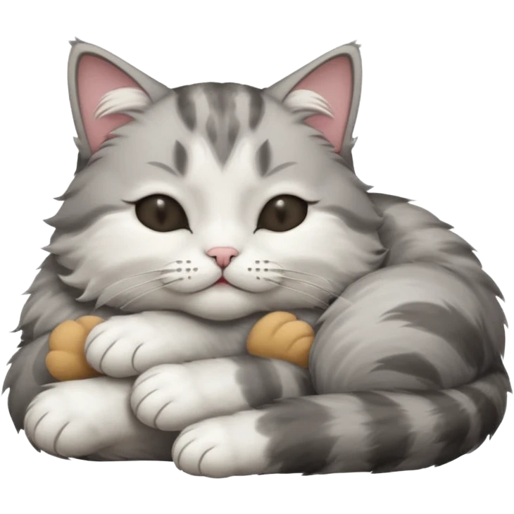 grey and white small cat with eyes closed lying down with its head resting own paw emoji