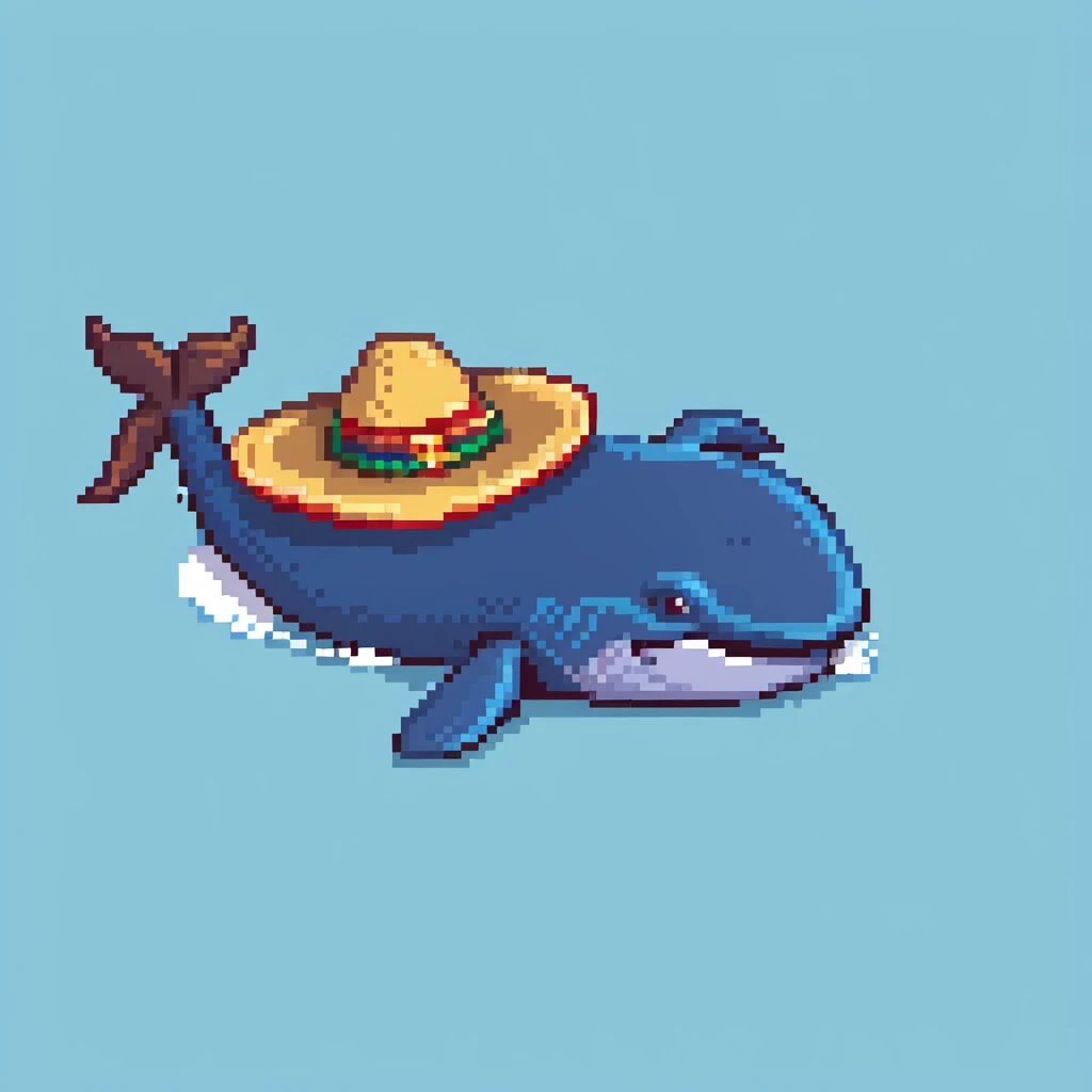 A blue whale with a colorful sombrero hat on its head, swimming in water emoji