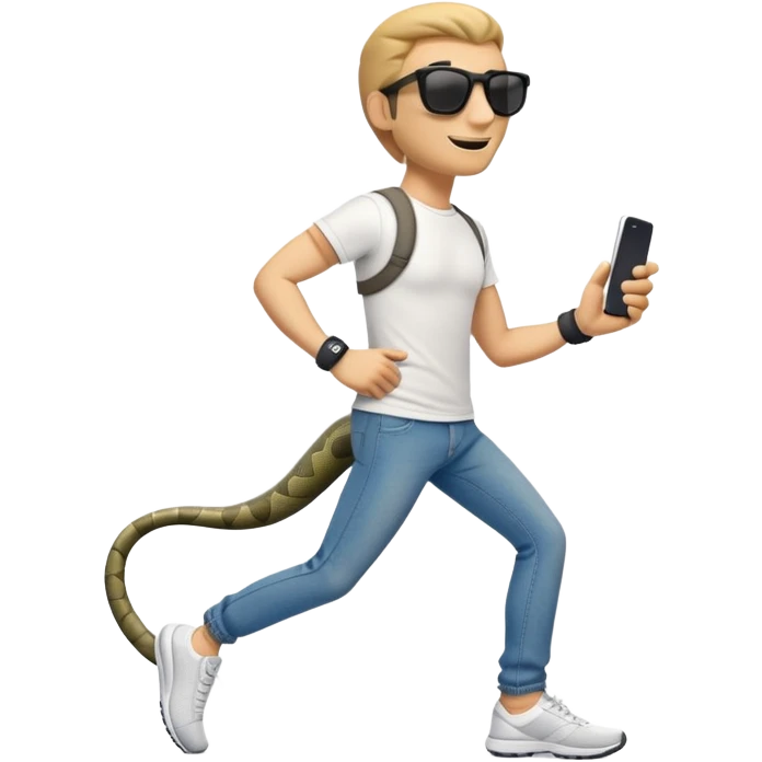 friendly anthropomorphised snake in jeans and a t-shirt, wearing dark sunglasses, jogging upright in standard pose emoji