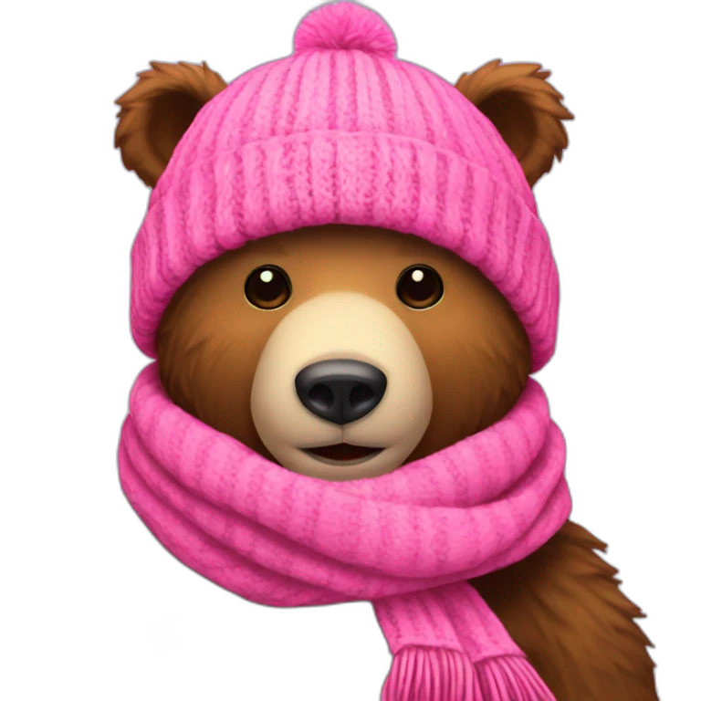 Bear with pink warm hat for winter and with scarf also pink emoji