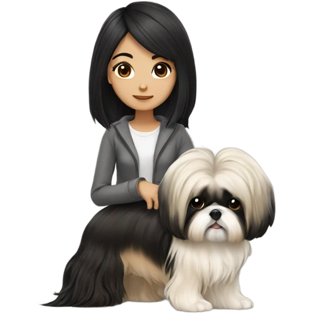 long black hair korean girl with beige and black shih tzu yorkie emoji