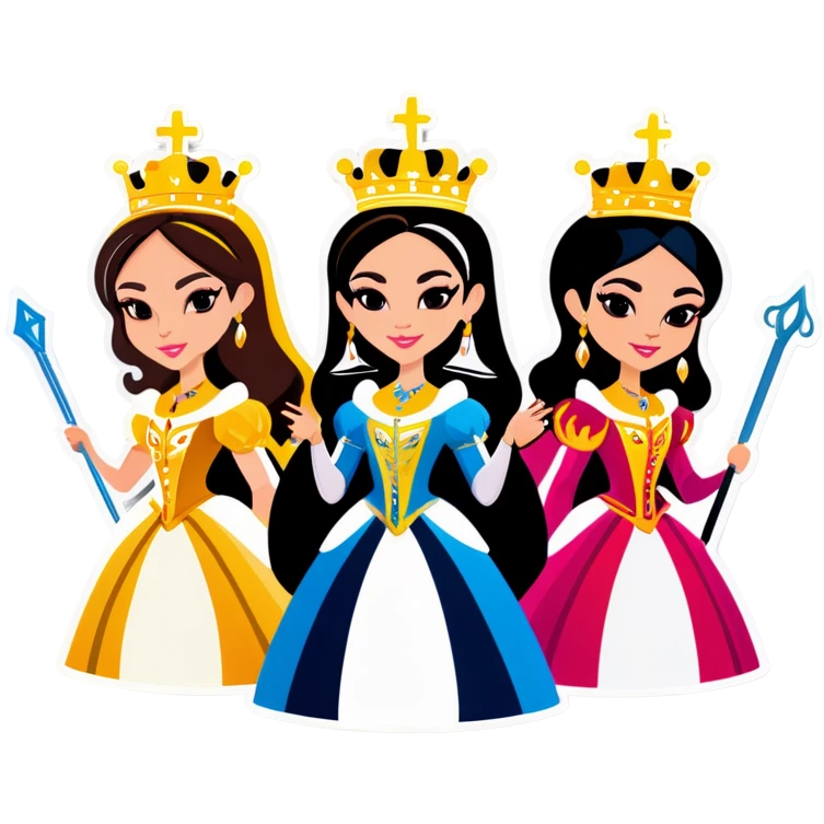 3 queens with big gold crowns and pointing scepters  emoji
