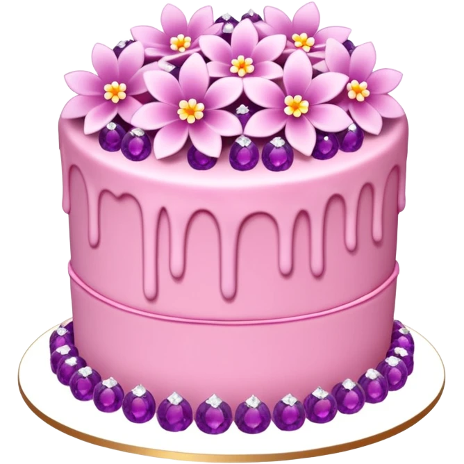Three layer pink cake adorned with overflowing pink flowers and amethyst crystals  emoji