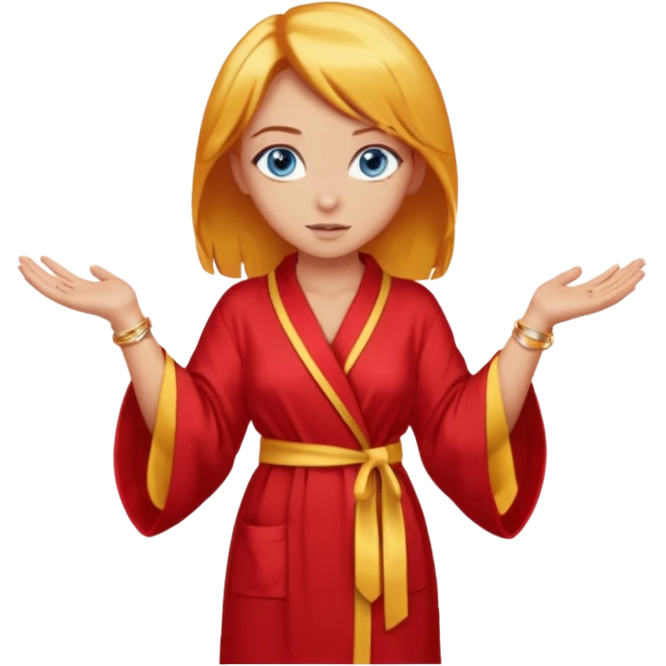 lightly tanned skin, blue eyes, cute and sexy girl with bright yellow-brown hair in a few shades of red robe, golden rings, slight cute makeup, full body, slightly turned aside pose, hands hidden behind back emoji