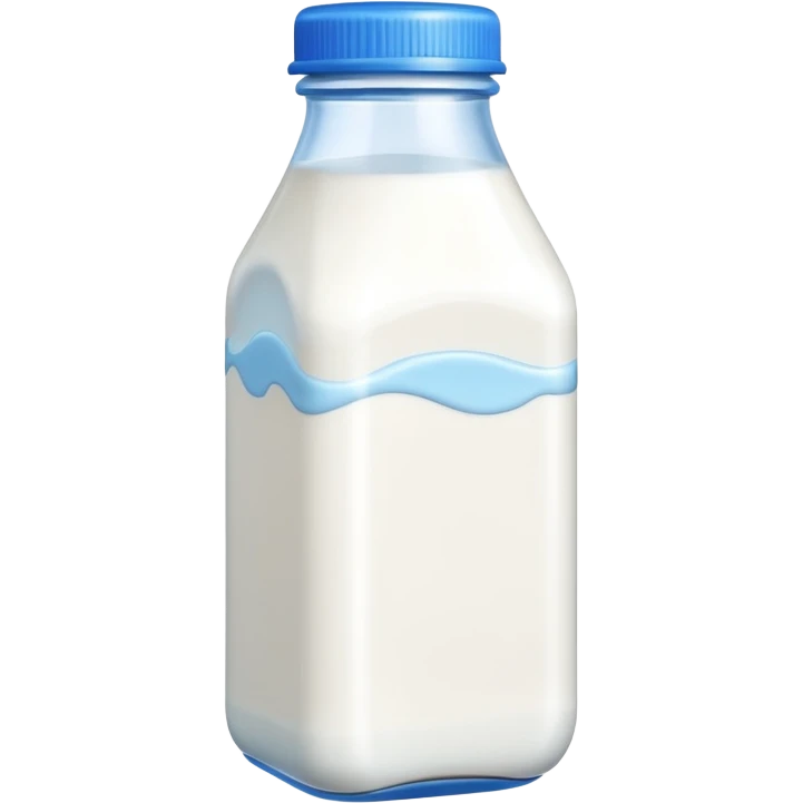 A 3D cartoon bottle of milk with white liquid, blue cap, clean reflections, Memoji-style. emoji