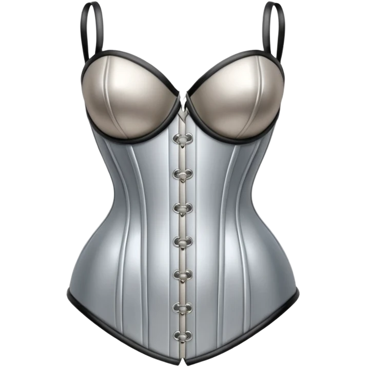 A luxury corset emoji made of silver chrome, smooth metallic curves, minimal fashion silhouette, glossy reflections, sensual high-end aesthetic, iOS emoji style, centered, clean white background emoji