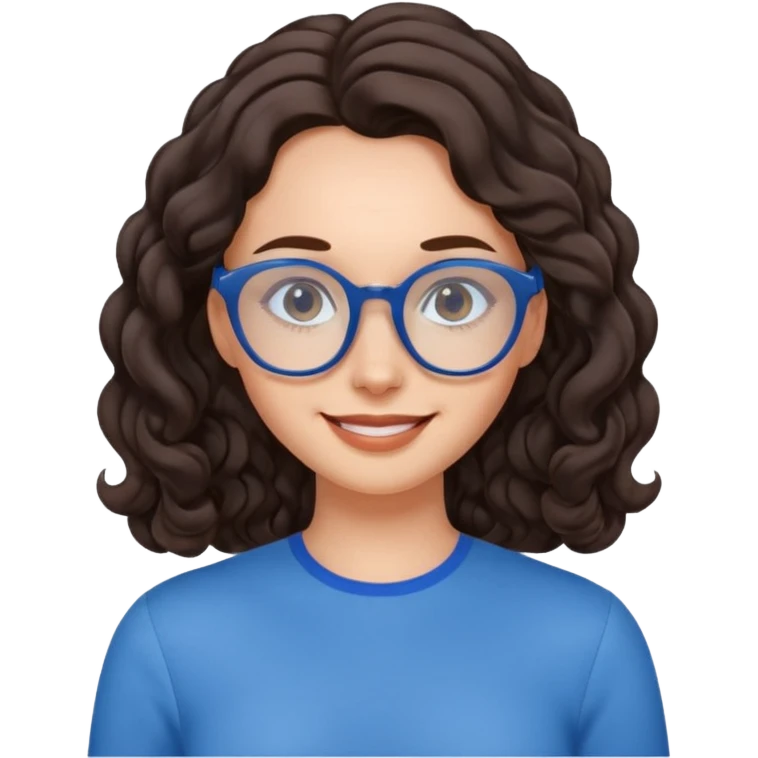 woman with large forehead, long dark brown tightly curled hair, blue glasses, smiling with head tilted emoji