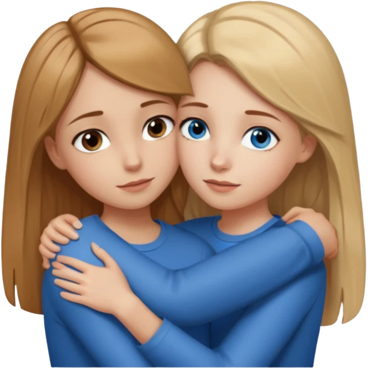 Two girls are hugging. One has dirty blonde hair with a little reddish in it. She has also blue eyes. Her hair is long and straight. The other girl has dark brown hair with hazel eyes emoji