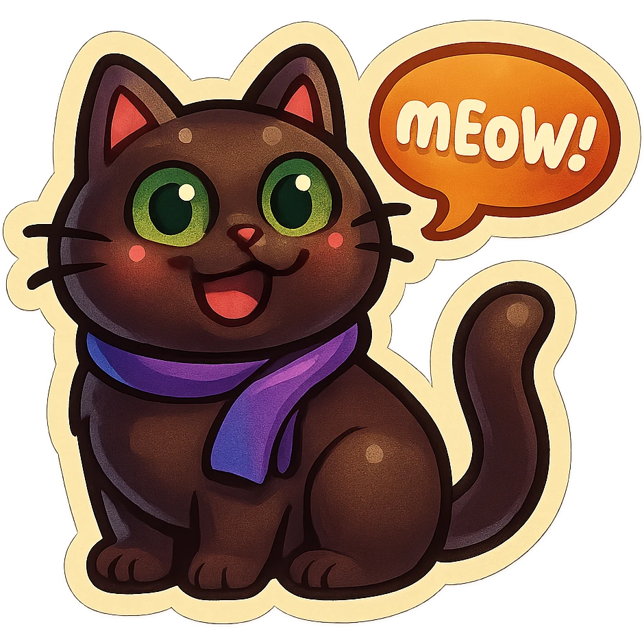 Fluffy cute derpy silly smiling happy funny dark-brown cat with green eyes and a purple scarf saying ‘mEoW~!’ (With a speech bubble) emoji