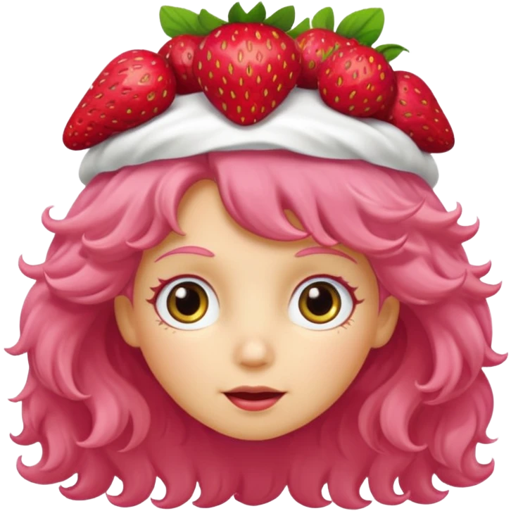 strawberry shortcake the character but with wild eyes and frizzy hair to mimic an insane person emoji