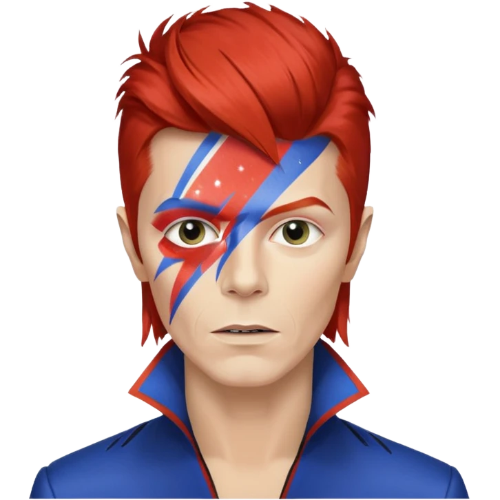 A male rockstar wearing Ebay brand colours and David Bowie face paint emoji