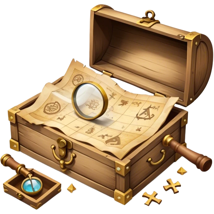 An icon depicting a treasure map with an open chest, surrounded by clues and mysterious symbols. A magnifying glass hovers over the map, symbolizing the thrill of discovery and adventure. Set on a transparent background, it should evoke the excitement of solving puzzles and exploring new worlds. emoji