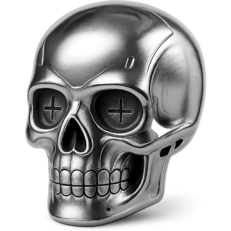 polished chrome skull emoji, reflecting light with clean industrial metallic texture, futuristic alloy style emoji