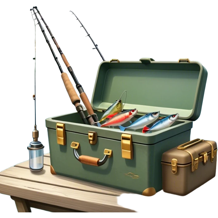 Icon for Fishing: a boat on the shore of a peaceful water body with a beautiful natural landscape, a fishing tackle box, a spinning rod. The icon should capture the tranquility and gear of a fishing adventure. Without frame. Transparent background. emoji