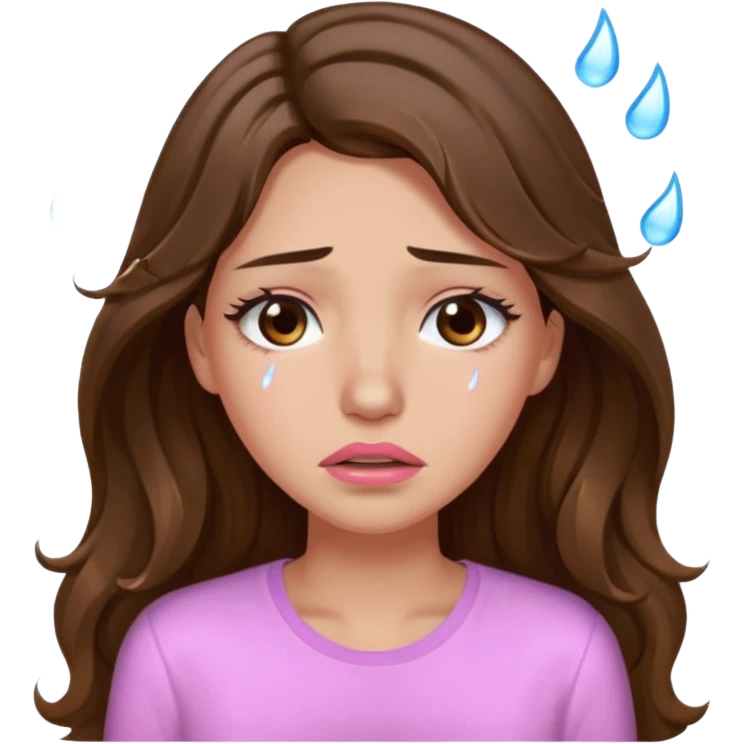 girl with wavy long brown hair, brown eyes, light to medium complexion, long lashes, light pink lipstick, wearing light pink shirt, weeping lots of big tears emoji