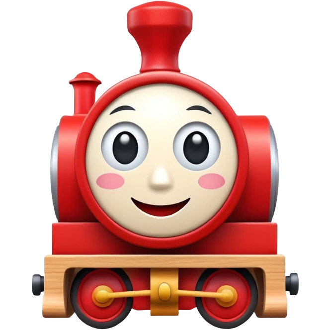 A cute wooden toy train with a cheerful face and rosy cheeks emoji