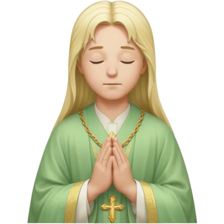 a young bishop, long blonde hair, light green wide, flowing outer robe. hands clasped together, eyes closed. Soft light, subtle fern. Waist-up, profile. emoji