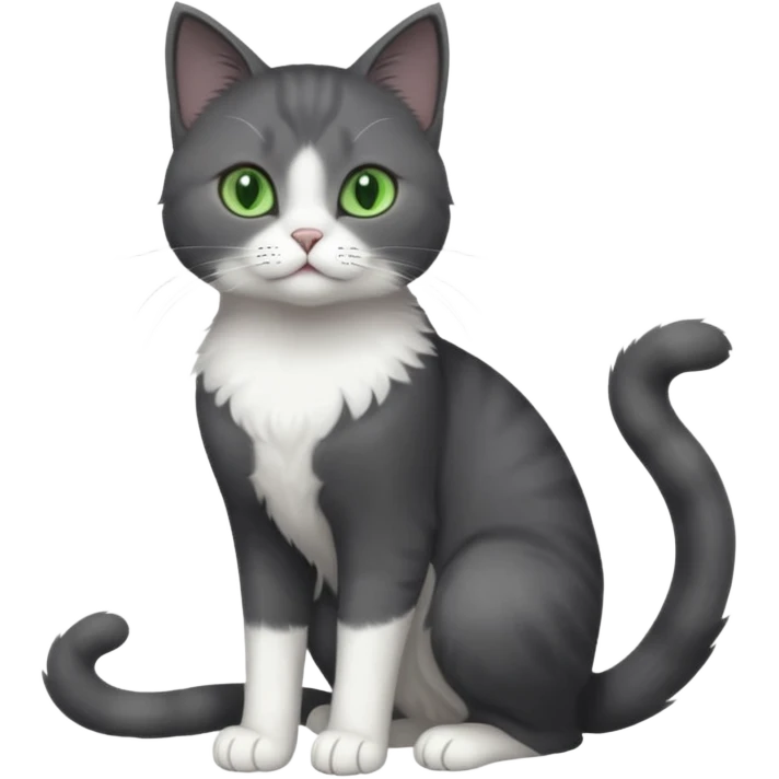 full body view of beautiful female solid dark grey cat with green eyes, white toes/paws and white patch on her chest emoji