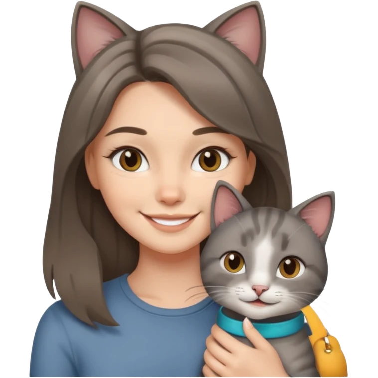 White brunette with balayage and her Grey cat  emoji
