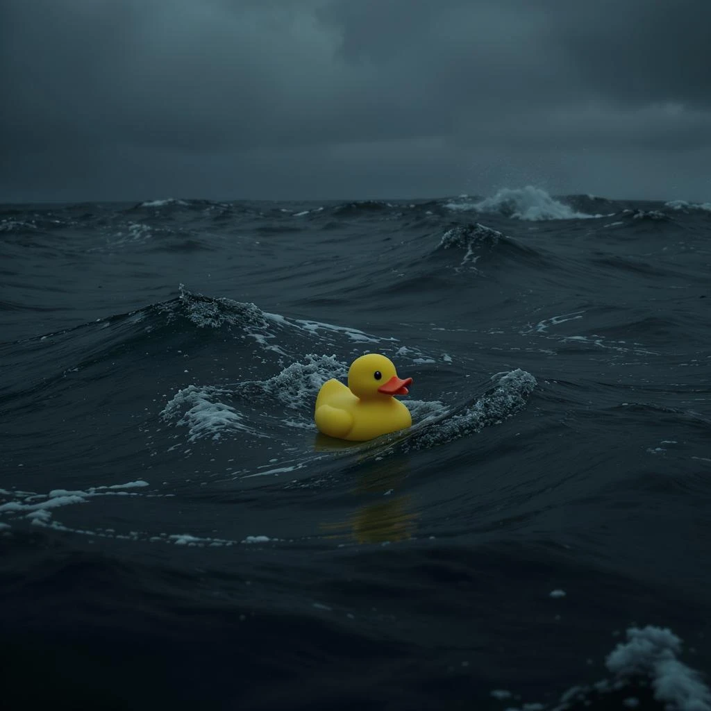 Extreme Closeup shot of Yellow duck toy on ocean during cloudy day, stormy sea, Camera from top, inspired by interstellar emoji