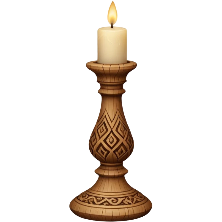 A short wooden candlestick carved with simple rustic patterns. emoji