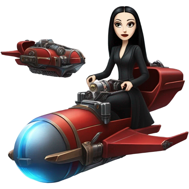 Jedi teen Morticia Addams flying a red and blue Jumpspeeder anti-gravity repulsorlift powered by an imperial speeder steampunk  emoji