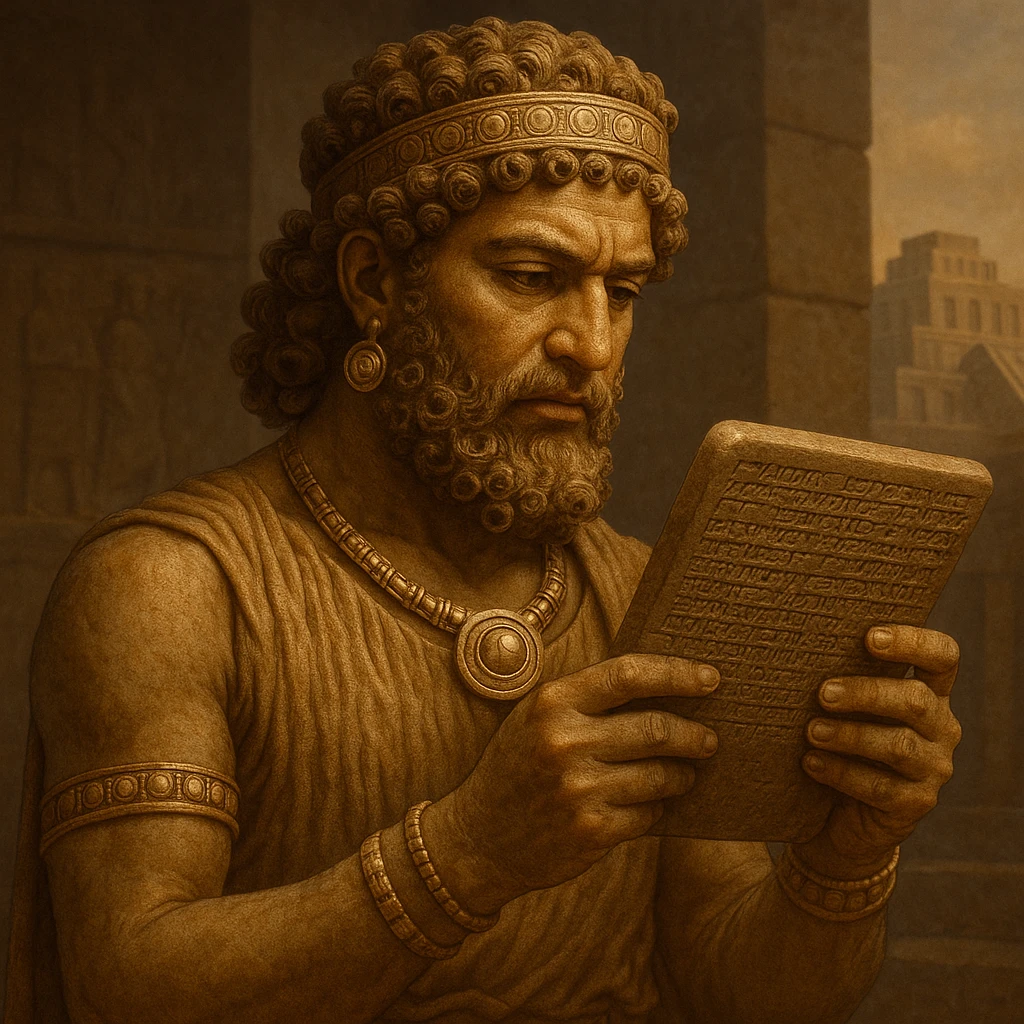 Curly-haired Sumerian god intently reading a stone tablet, adorned in ancient jewelry, Mesopotamian setting, dignified expression emoji