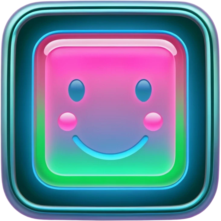 A glowing neon square in shades of pink, blue, and green, transparent background emoji