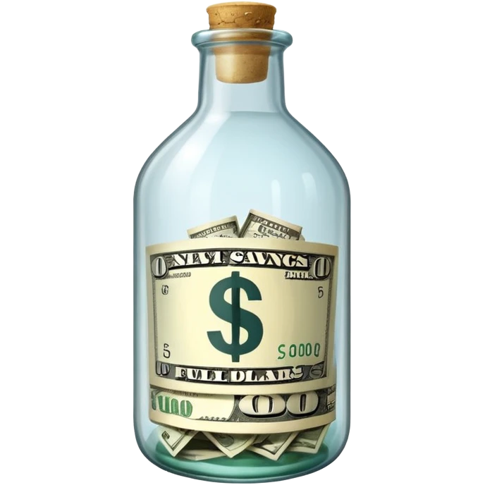 a big bottle glass labeled "savings" that contains dollars inside emoji